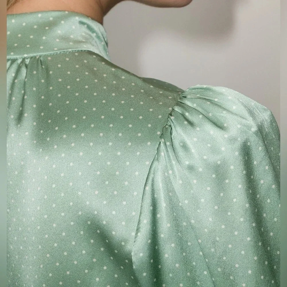 Reformation Samuel LS Mint polka dot mini dress  fall cottagecore 100% silk